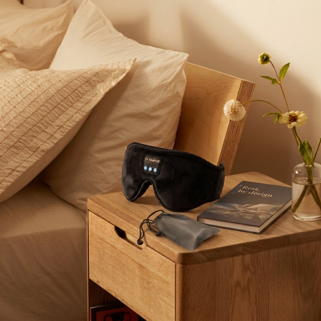 A black plush sleep mask with a small illuminated control panel rests on a wooden bedside table next to a gray drawstring pouch, a book, and a glass vase with flowers in a softly lit bedroom.
